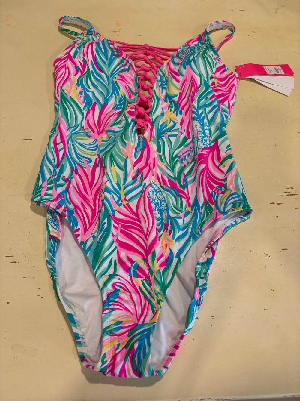Lilly Pulitzer Pink, Green & Blue Tropical Lace-Up One-Piece Swimsuit. NWT 12